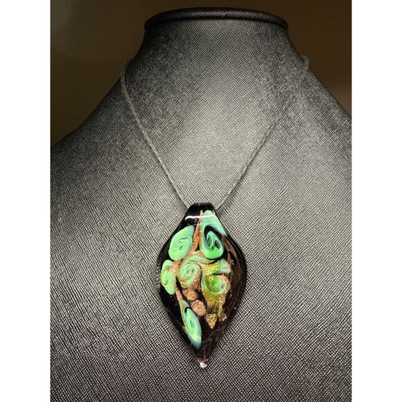 Handcrafted Murano Glass Pendant Necklace With Swirl Design In Black & Green - Picture 1 of 14